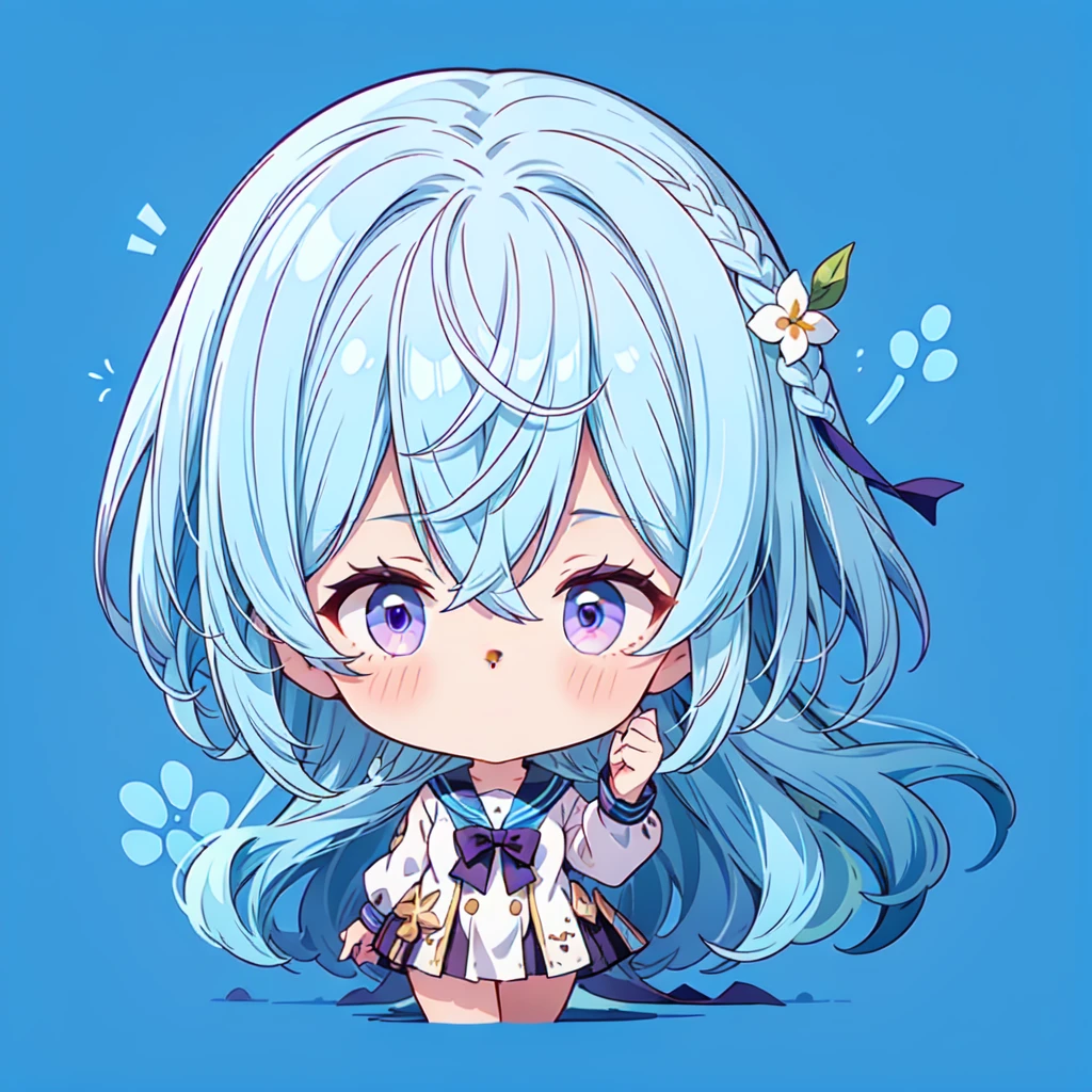 Chibi、((Body completed))、((High detail))、((high quality))、((Detail Hand))、1 girl、Long Hair、The hair on top is white、The hair underneath is dark blue、Ombre Hairstyles、Purple Eyes、Light blue and white sailor、Sailor suit、Chibiスタイル、Transparent Background、centered position。whole body、