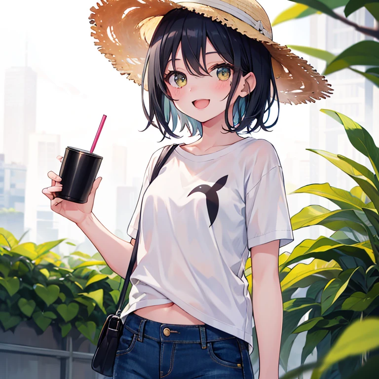 solo, High resolution, Bangs between the eyes, Highest quality, masterpiece, detail, High-resolution model, Ultra high definition, girl,  anime, cute, Shiny Hair, One girl, black Hair/Light black hair, short Hair , fair skin, Gleeful laughter, Shining countenance , 35mm lens, f/1, age 20 , cheerful, shirts + short denim pants, straw hat, summer, hoshino ai , idole