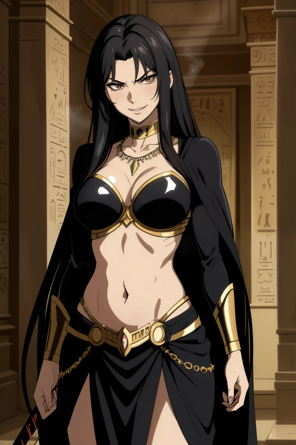 Pandora Saint Seiya, 1girl, dark brown eyes, black hair, necklace, long hair, black collar, blush, lipstick, long hair, crazy eyes ,Hot girl, baddie, staring, glaring, bad attitude, mean girl, crazy, smoking, sensual, attractive, masterpiece, best quality, highly detailed ,glint,halterneck,gold_choker, complex detailed background,
inside, stone wall, ancient interior, ancient egyptian room, hieroglyphs, dark lighting, dark
atmosphere, (cowboy shot), holding a sword, sword, belly_chain,harem_outfit,navel, necklace,
pelvic_curtain,revealing_clothes, veil，masterpiece,best quality,1girl,mature,evil smile, smile,
female,mature,necklace,pendant, (nsfw) not safe for work, exposed belly, exposed navel, exposed
midriff, exposed lower belly