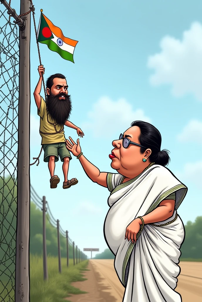 Mamta benergee in at bangladesh boarder wearing white saree and remove the bar hanging rope taken the bangladeshi man hanging over the fencing wire and show her hand to bangaladeshi man with big beard hand grab him over the fencing with mercy hand given him into the Indian boarder funny image cartoon character
This is the good image you provide more image provide please the man hanging from outer side please show fatty Mamta benergee
Look like a pure Mamta benergee face provide please shown indian and bangladeshi flag over the fencing