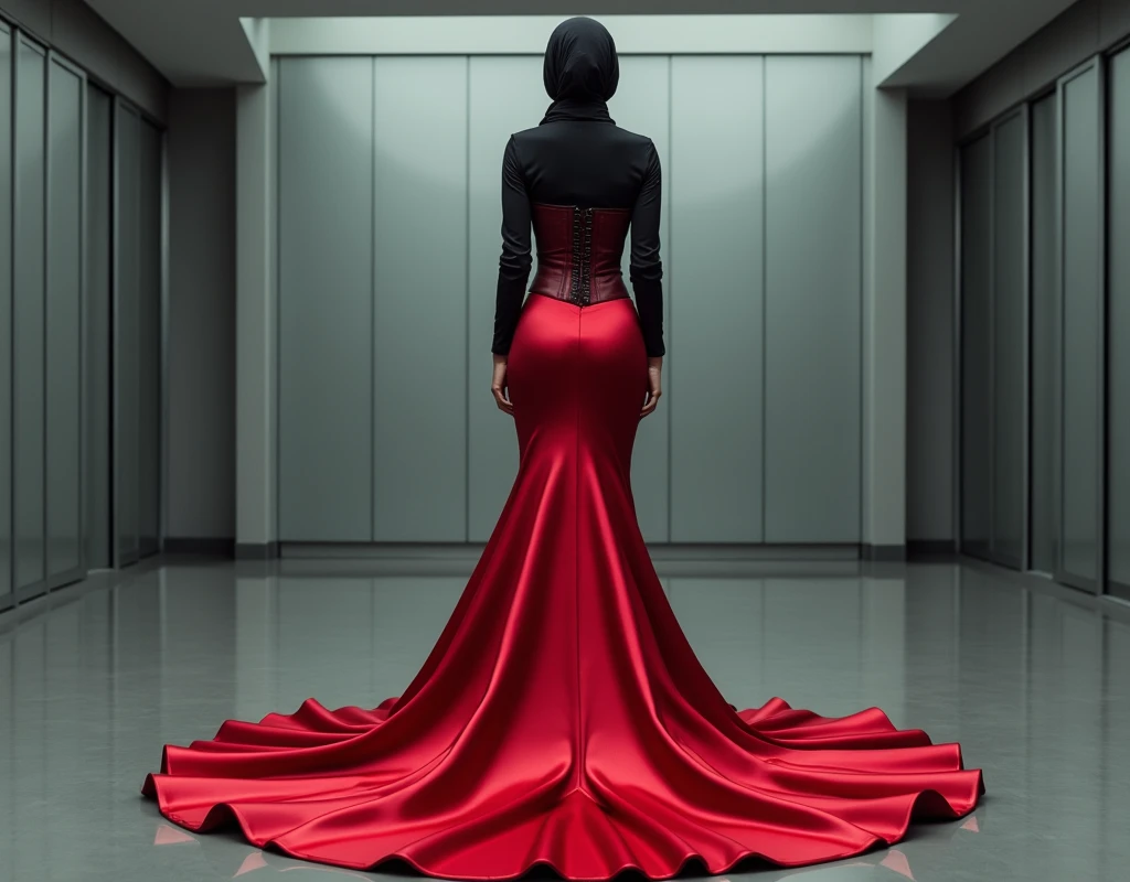 A woman, draped in an elegant silk red skirt with a long train cascading behind her, stands poised in an office setting, corset cinching her waist, hijab styled atop her head, mermaid-style satin skirt embracing her form, skirt flowing with a dramatic sweep, juxtaposed against the stark office environment