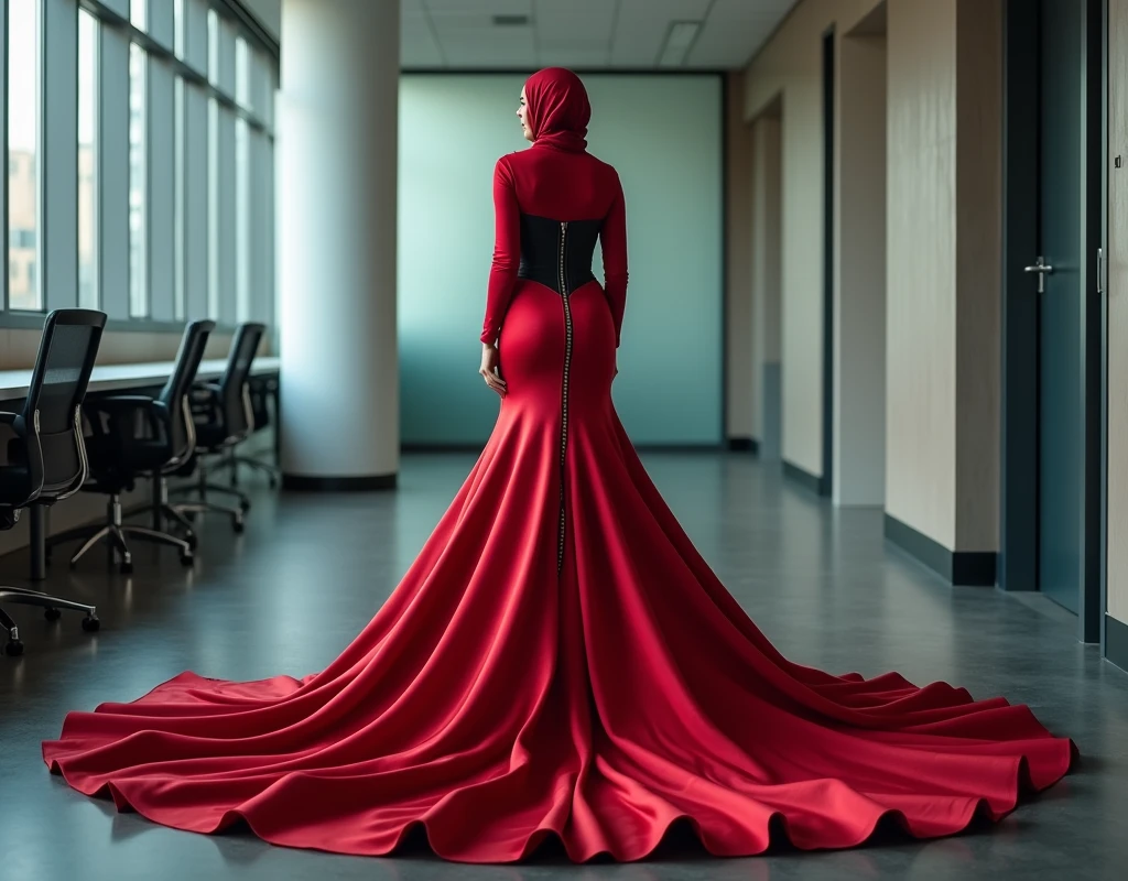 A woman, draped in an elegant silk red skirt with a long train cascading behind her, stands poised in an office setting, corset cinching her waist, hijab styled atop her head, mermaid-style satin skirt embracing her form, skirt flowing with a dramatic sweep, juxtaposed against the stark office environment
