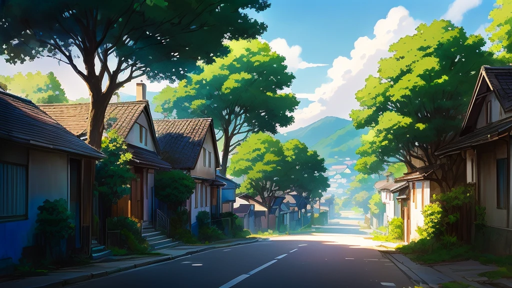 Anime Scenery of a street with houses and trees in the background, Anime countryside landscape, Anime Background art, Anime scenery, Anime Scenery concept art, Anime-style streetscape, Anime Scenery, Makoto Shinkai&#39;s Style, Anime Background, Beautiful peaceful scene in anime, beautiful Anime Scenery, Beautiful anime scene, Distant village background, Landscape painting, Street background
