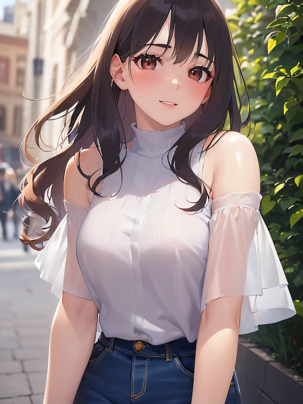 (leaning forward:1.3)、Upper Body, Realistic, real person, (pale skin: 1.2), RAW photo, photorealistic, shiny skin, shiny hair、(A 25-year-old woman with medium-length hair and bangs) and (wavy hair) and (brown hair) and (orange eyes) , (white) and (off shoulder blouse) 、(blush:1.5), smile, Background is white、Alone、Are standing