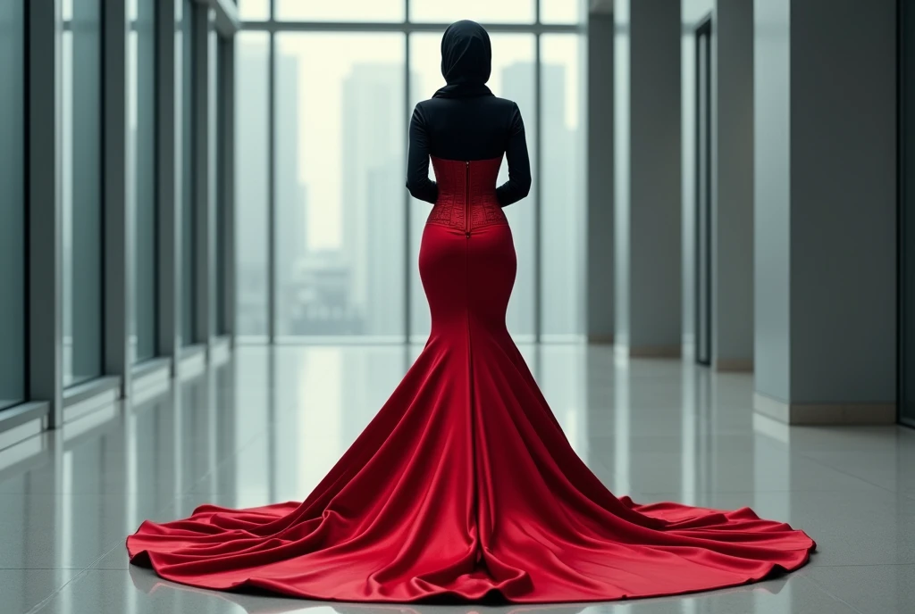 A woman, draped in an elegant silk red skirt with a long train cascading behind her, stands poised in an office setting, corset cinching her waist, hijab styled atop her head, mermaid-style satin skirt embracing her form, skirt flowing with a dramatic sweep, juxtaposed against the stark office environment