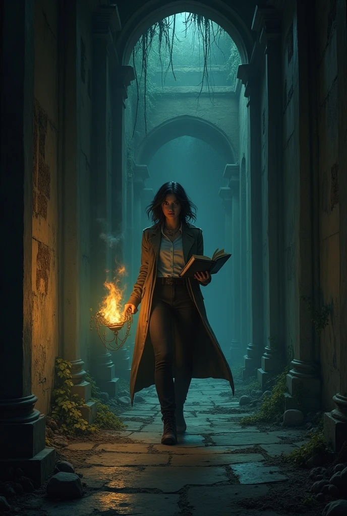 researcher, Clara North, holding a torch and an old book, exploring the mansion's dark interiors. Aim to evoke a sense of suspense and fear throughout the thumbnail."