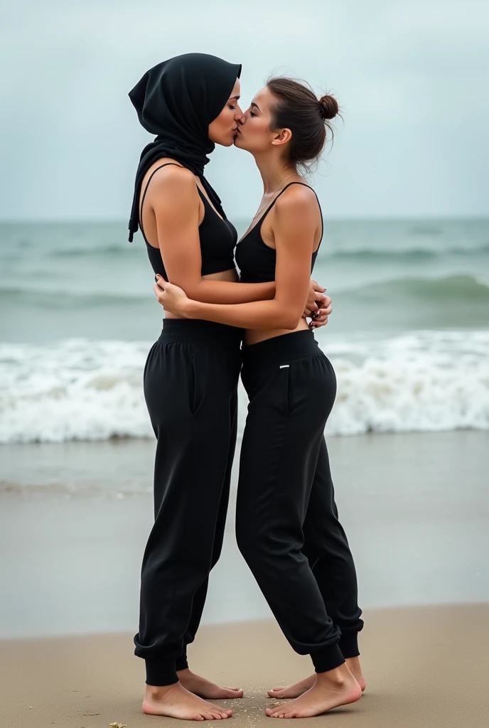 with black headscarf, barefoot, black sweatpants, braless woman, kissing with boyfriend on the beach