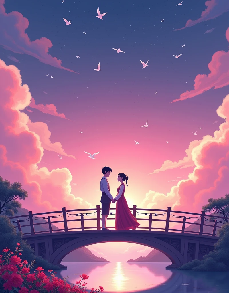 (Low Angle Shot:1.8), (Looking up:1.8), (((8k,Bright colors,Bright,Ultra high saturation,rgb, Colorful))), Chinese style,(in love:1.5),(((Flat poster design))),There are two people on the poster,Cowherd and Weaver Girl standing on an elegant bridge,The background is dreamy pink and purple,White magpies circling around them in the night sky,Surrounded by stars,Create a dreamy atmosphere,It is created in the style of Hayao Miyazaki's anime,In the foreground,There are some flowers in front,High Definition,High Detail,Dunhuang mural style,Dunhuang bright colors,Dunhuang Elements,Flat illustration