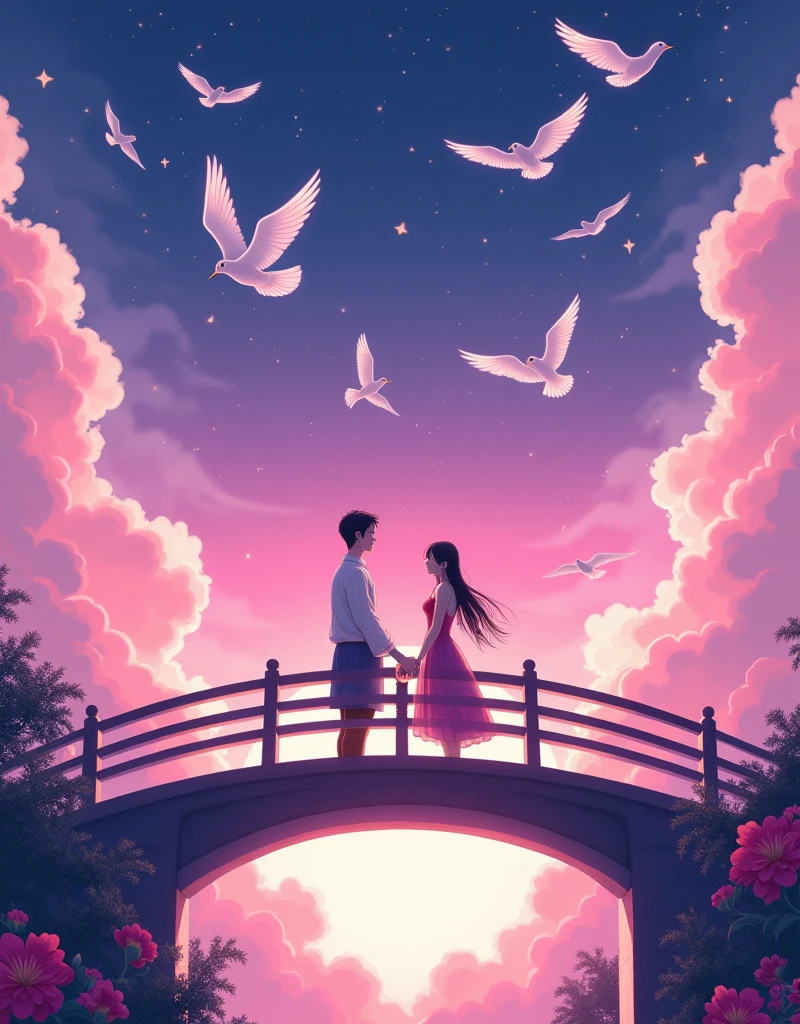 (Low Angle Shot:1.8), (Looking up:1.8), (((8k,Bright colors,Bright,Ultra high saturation,rgb, Colorful))), Chinese style,(in love:1.5),(((Flat poster design))),There are two people on the poster,Cowherd and Weaver Girl standing on an elegant bridge,The background is dreamy pink and purple,White magpies circling around them in the night sky,Surrounded by stars,Create a dreamy atmosphere,It is created in the style of Hayao Miyazaki's anime,In the foreground,There are some flowers in front,High Definition,High Detail,Dunhuang mural style,Dunhuang bright colors,Dunhuang Elements,Flat illustration