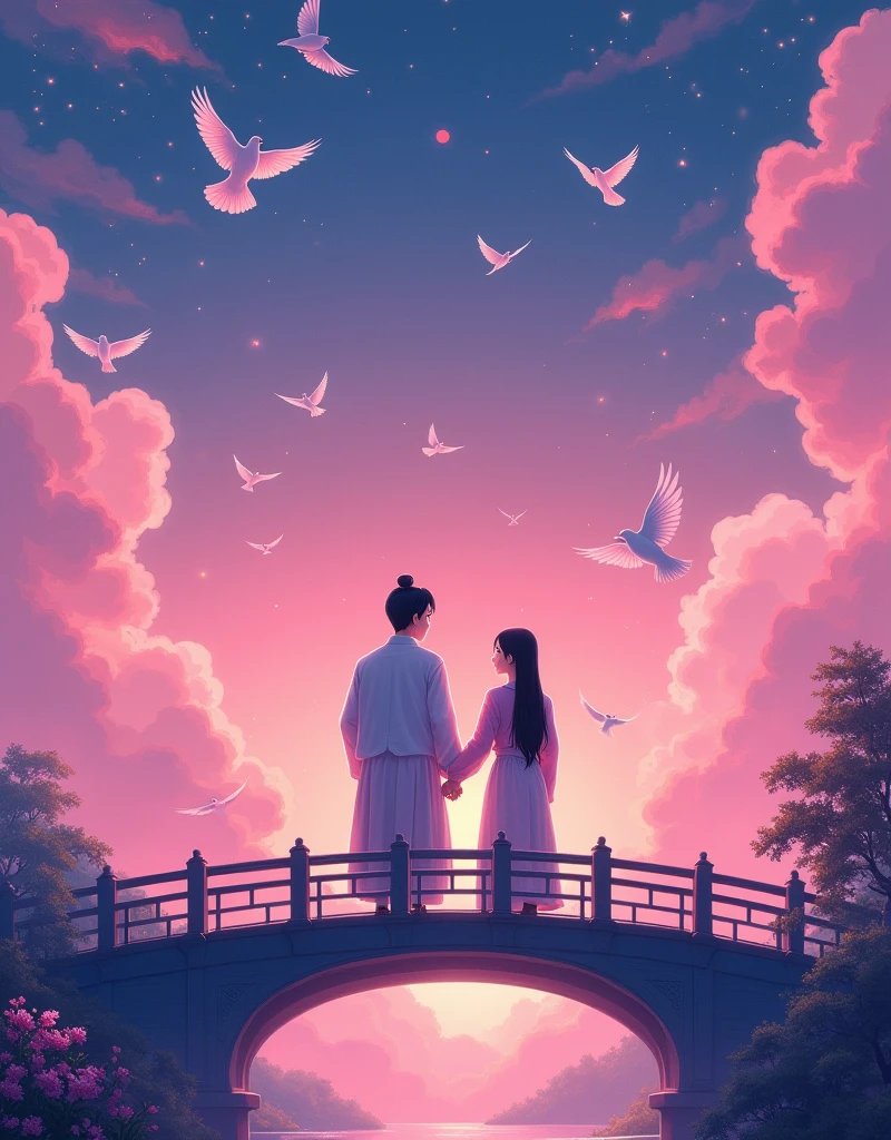  (Low Angle Shot:1.8), (Looking up:1.8), (((8k，Bright colors，Bright，Ultra high saturation，rgb, Colorful))), Chinese style，(in love:1.5)，(((Flat poster design)))，There are two people on the poster，Cowherd and Weaver Girl standing on an elegant bridge，The background is dreamy pink and purple，White magpies circling around them in the night sky，Surrounded by stars，Create a dreamy atmosphere，It is created in the style of Hayao Miyazaki&#39;s anime，In the foreground，There are some flowers in front，High Definition，High Detail，Dunhuang mural style，Dunhuang bright colors，Dunhuang Elements，Flat illustration