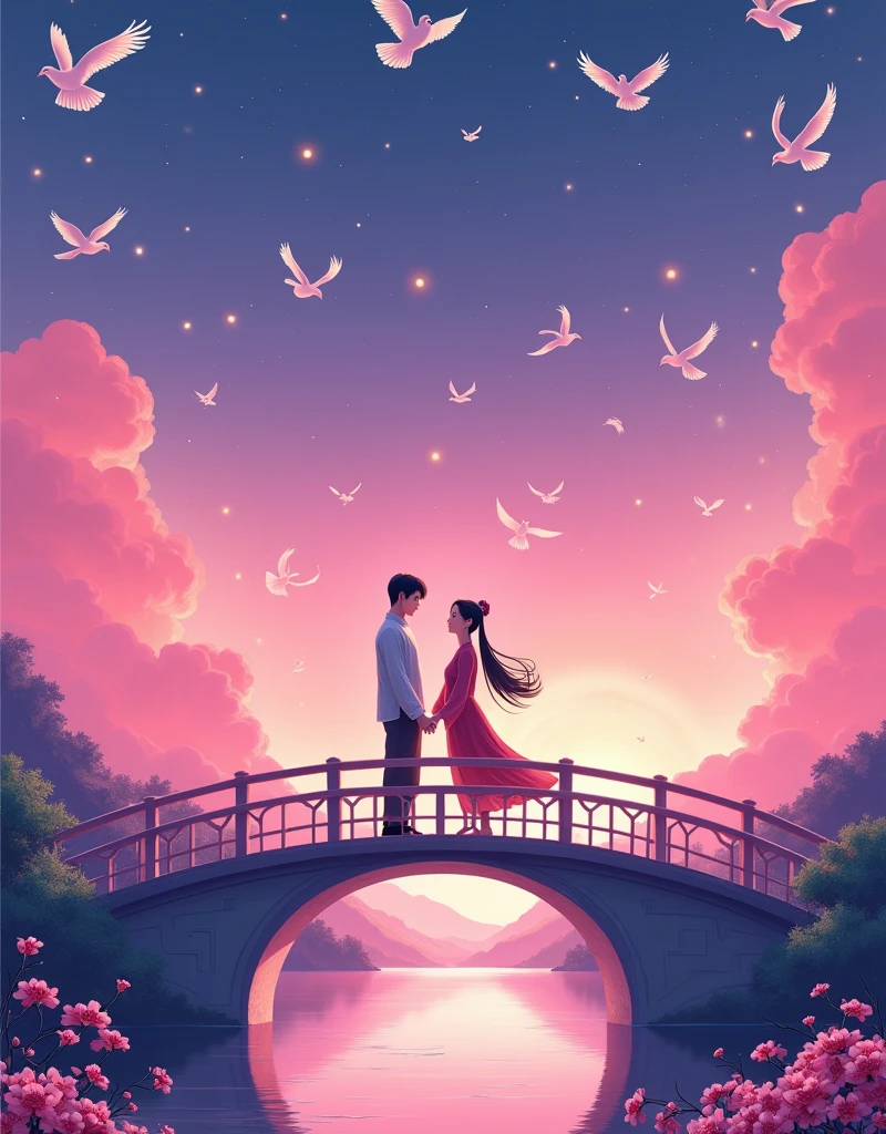  (Low Angle Shot:1.8), (Looking up:1.8), (((8k，Bright colors，Bright，Ultra high saturation，rgb, Colorful))), Chinese style，(in love:1.5)，(((Flat poster design)))，There are two people on the poster，Cowherd and Weaver Girl standing on an elegant bridge，The background is dreamy pink and purple，White magpies circling around them in the night sky，Surrounded by stars，Create a dreamy atmosphere，It is created in the style of Hayao Miyazaki&#39;s anime，In the foreground，There are some flowers in front，High Definition，High Detail，Dunhuang mural style，Dunhuang bright colors，Dunhuang Elements，Flat illustration