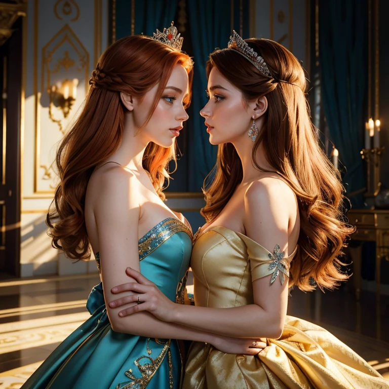 (​masterpiece, best quality:1.5), highest quality, High resolution, super detailed, Realists, Upper body of the red-haired princess, detailed and beautiful eyes, beautiful detailed lips, very detailed eyes and face, longeyelashes, Princess in a short blue dress made of shiny satin fabric, Beautiful and colorful makeup, elegant and noble々Pose,shiny crown and jewels, Royal gardens as background, soft daylight, bright colors, fine brushstrokes, Portrait style, Simple details in the dress fabric, beautiful color palette, glowing skin, First-class rendering, that captures every detail, enchanting atmosphere, subtle shadows and lights, (perfect anatomy:1.2), (Two stunning princesses are deeply in love:1.4), (kiss:1.2)