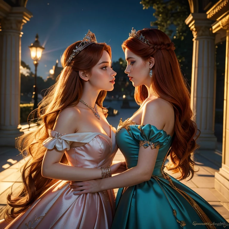 (masterpiece, best quality:1.5), highest quality, High resolution, super detailed, Realists, Upper body of the red-haired princess, detailed and beautiful eyes, beautiful detailed lips, very detailed eyes and face, longeyelashes, Princess in a short blue dress made of shiny satin fabric, Beautiful and colorful makeup, elegant and noble々Pose,shiny crown and jewels, Royal gardens as background, soft daylight, bright colors, fine brushstrokes, Portrait style, Simple details in the dress fabric, beautiful color palette, glowing skin, First-class rendering, that captures every detail, enchanting atmosphere, subtle shadows and lights, (perfect anatomy:1.2), (Two stunning princesses are deeply in love:1.4), (kiss:1.2)