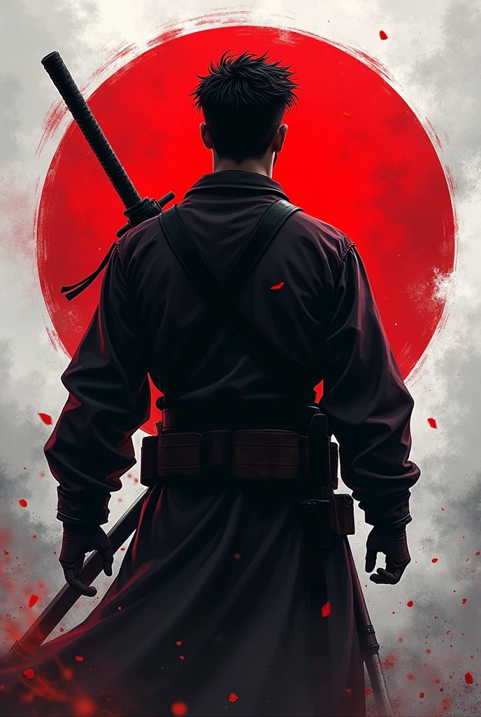「Design a banner image for your YouTube channel。A male character reminiscent of a realistic Japanese soldier、Draw a figure standing with determination。The Japanese flag is placed in the background.、『Rebelling against globalism』Please add the slogan。The overall color scheme is dark.、Use red and white accents。」