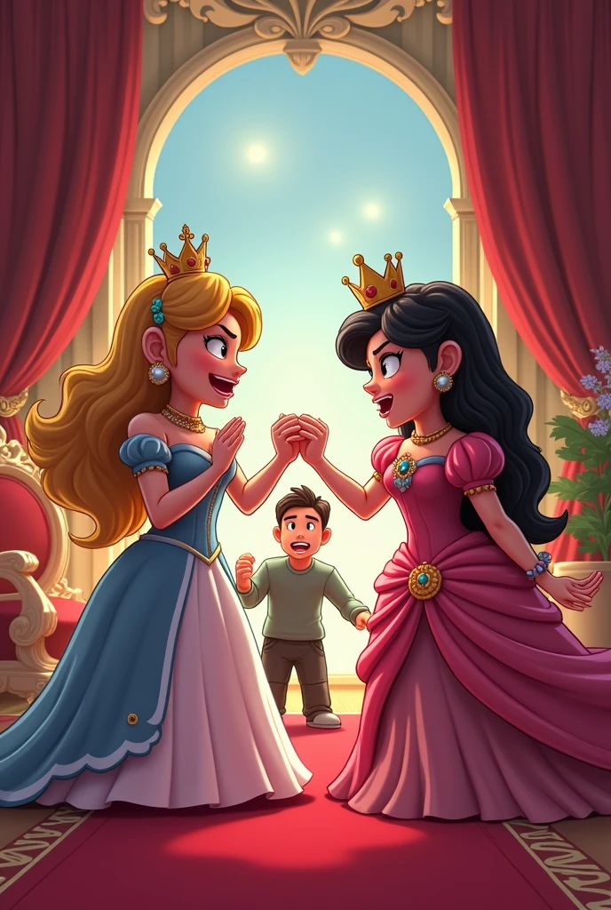 drawing of a cover about royalty about two princesses where one steals the other's boyfriend very angry roblox style