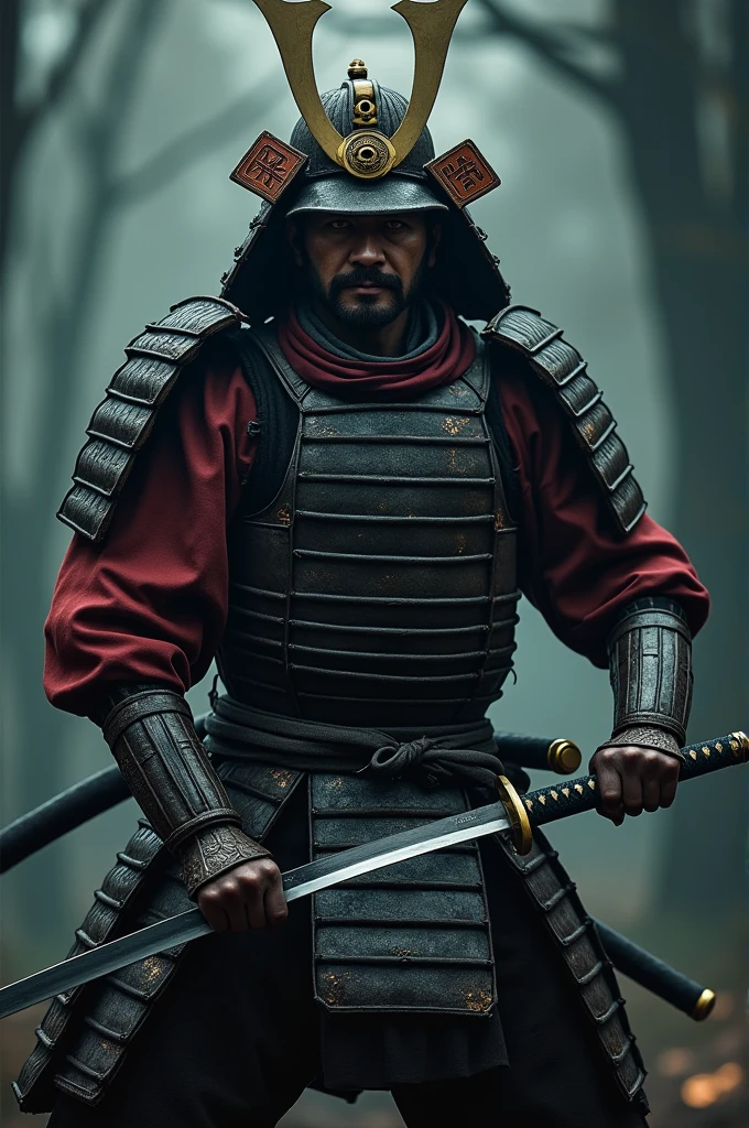 a samurai warrior, detailed facial features, intricate armor plates, katana sword, traditional japanese clothing, dynamic battle pose, moody lighting, muted color palette, dramatic atmosphere, cinematic composition, highly detailed, 8k, photorealistic