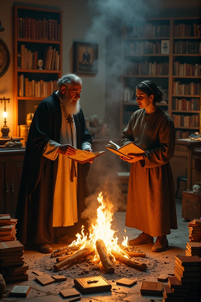 The scene takes place in Don Quixote&#39;s house., in an atmosphere filled with an air of urgency and determination. The place is messy, with books scattered on the floor and shelves. The atmosphere is one of clear contrast between the seriousness of the action and the chaos of the situation..

The Cure and the barber, with an expression of firmness and decision, are at the center of the action. The Cure, with his ecclesiastical habit, and the barber, with her simple but practical clothing, They are busy placing the books on a large bonfire that they have previously prepared.. Both show a sense of responsibility and concern, as if they were doing what was necessary to protect Don Quixote and society from the dangers of chivalric books..

The housekeeper, a robust and strong-willed woman, is also present. His role is more passive in this scene., observing and perhaps helping in the organization of the books for burning. His presence adds a touch of domestic realism to the scene., showing how everyday life is affected by the actions of the main characters.

The Books of Chivalry, which were once objects of admiration and obsession for Don Quixote, Now they are reduced to mere ashes. The bonfire burns brightly, and the flames illuminate the room with a warm, crackling light, while books turn to smoke and ash, symbolizing the destruction of the illusions and fantasies that had consumed Don Quixote.

This scene reflects the characters&#39; resolution to end Don Quixote&#39;s madness., and at the same time, It shows the transformation of chivalric ideals into a mere tangible and mundane reality.. The burning of books is a symbolic act of liberation and restoration of order.

