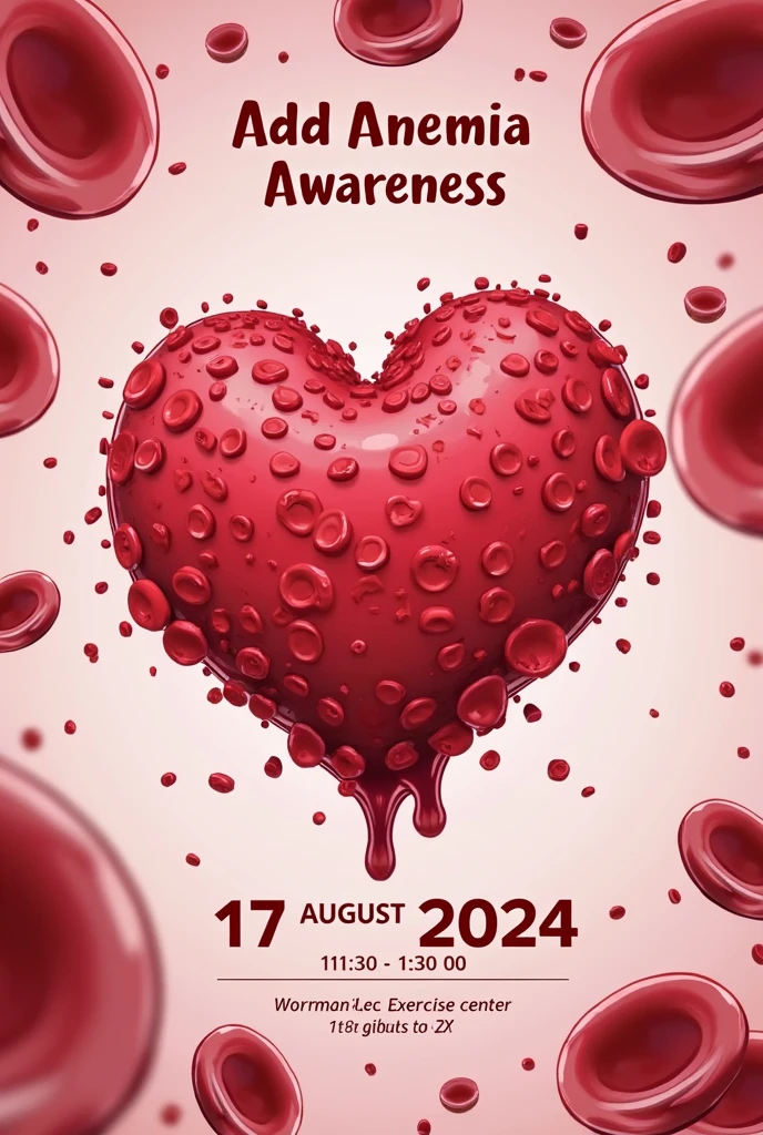 Add anemia awareness event poster,  event would be on 17 august 2024 , from 11:30 to 1:00 in morning . Add anemia blood cells and relevant images the awareness session is aranged by women's Excercise center . 