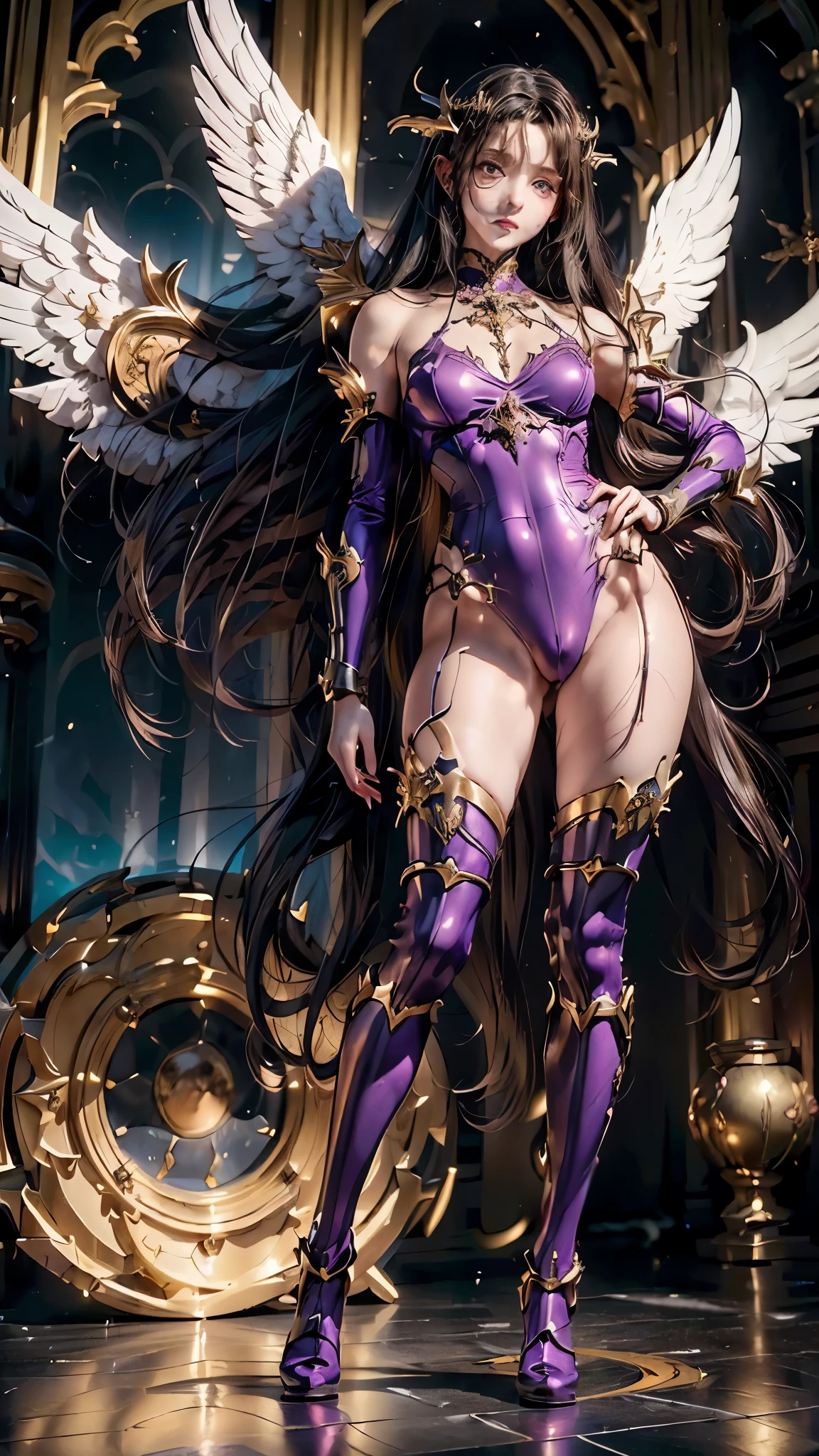 anime girl with wings and a purple outfit posing for a picture, extremely detailed artgerm, anime goddess, zerochan art, seductive anime girl, cushart krenz key art feminine, splash art anime , detailed digital anime art, beautiful succubus, angel knight girl, 8k high quality detailed art, mechanized valkyrie girl, 
([long hair hair]:1.8), (full body:1.8), (upper body up:0.3), (hyper realistic:1.4), (realistic:1.3), (best quality real texture skin), Detailed eyes, detailed face, PERSEPHONE, (SFW:1.5) Hyperrealistic, LESS saggy breasts, (SMALL BREASTS:1.5), (HUGE LEGS:1.5), (LESS THIGHS:1.5), pernas perfeitas, pernas perfeitas, pernas lisas, pernas lisas e perfeitas, pernas torneadas, coxas torneadas, pernas lisas, coxas lisas. (pose erótica:1.5), (sobrancelhas espessas:1.2), (Grandes olhos roxos:1.2), (olhos ultra detalhados:1.4), (Olhos de alta resolução:1.1), (textura de pele ultra detalhada:1.4), (Belo corpo tonificado:1.1), arco de cabelo, (Pele úmida:1.1), (rosto sensual:1.5),
