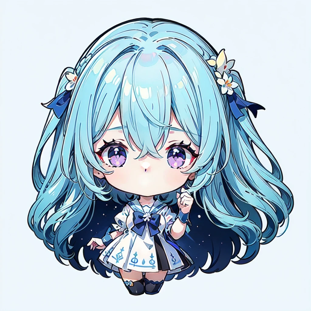 Chibi、((Body completed))、((High detail))、((high quality))、((Detail Hand))、1 girl、Long Hair、The hair on top is white、The hair underneath is dark blue、Ombre Hairstyles、Purple Eyes、Light blue and white sailor、Sailor suit、Chibiスタイル、Transparent Background、centered position。whole body、