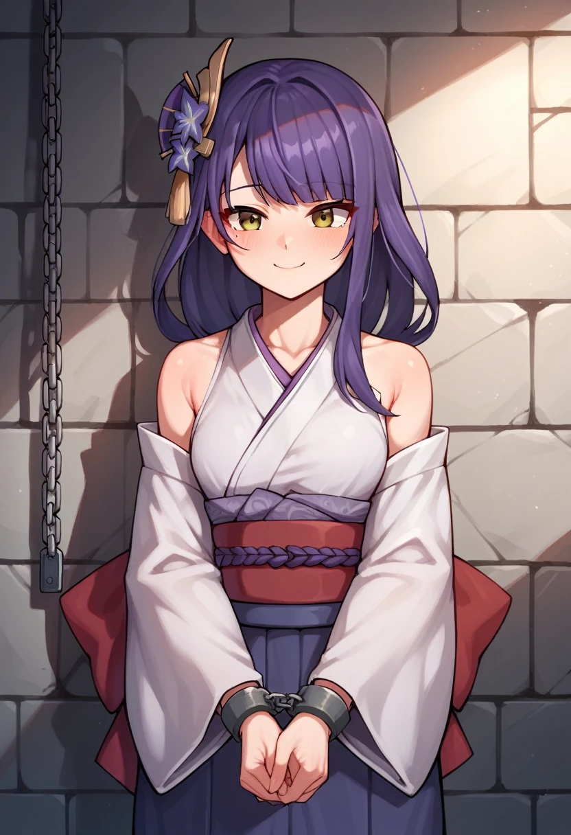 score_9, score_8_up, score_7_up, score_6_up, score_5_up, score_4_up, source_anime, 1girl,lora:raidenshogun1-000009:1>, raidenshogundef, upper body, smile, worth, full body, wall, purple hair, long hair, brown eyes, w-w-chain, shackles, Put her hands down, messy hair, kimono, dungeon, best quality, best res, 4K UHD,