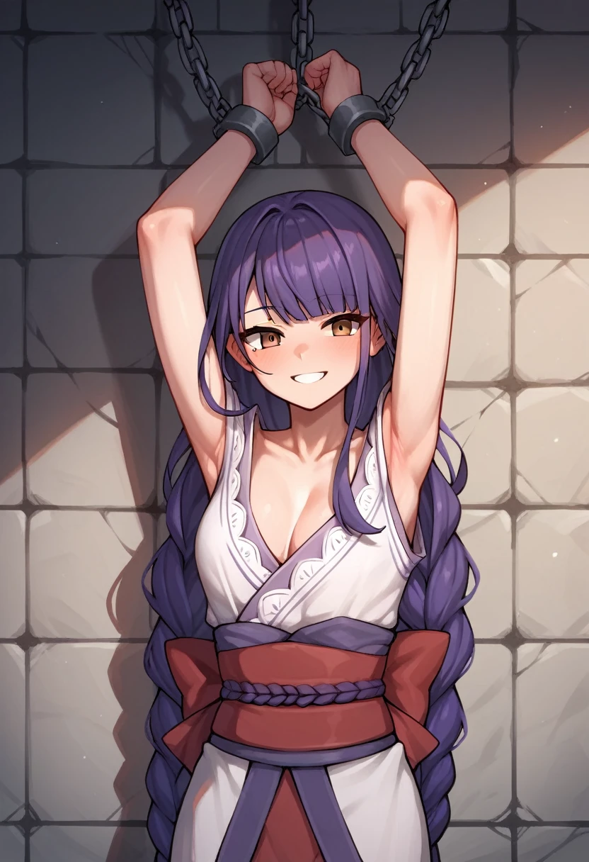 score_9, score_8_up, score_7_up, score_6_up, score_5_up, score_4_up, source_anime, 1girl,lora:raidenshogun1-000009:1>, raidenshogundef, upper body, smile, worth, full body, wall, purple hair, long hair, brown eyes, w-w-chain, shackles, Put her hands down, messy hair, kimono, dungeon, best quality, best res, 4K UHD,