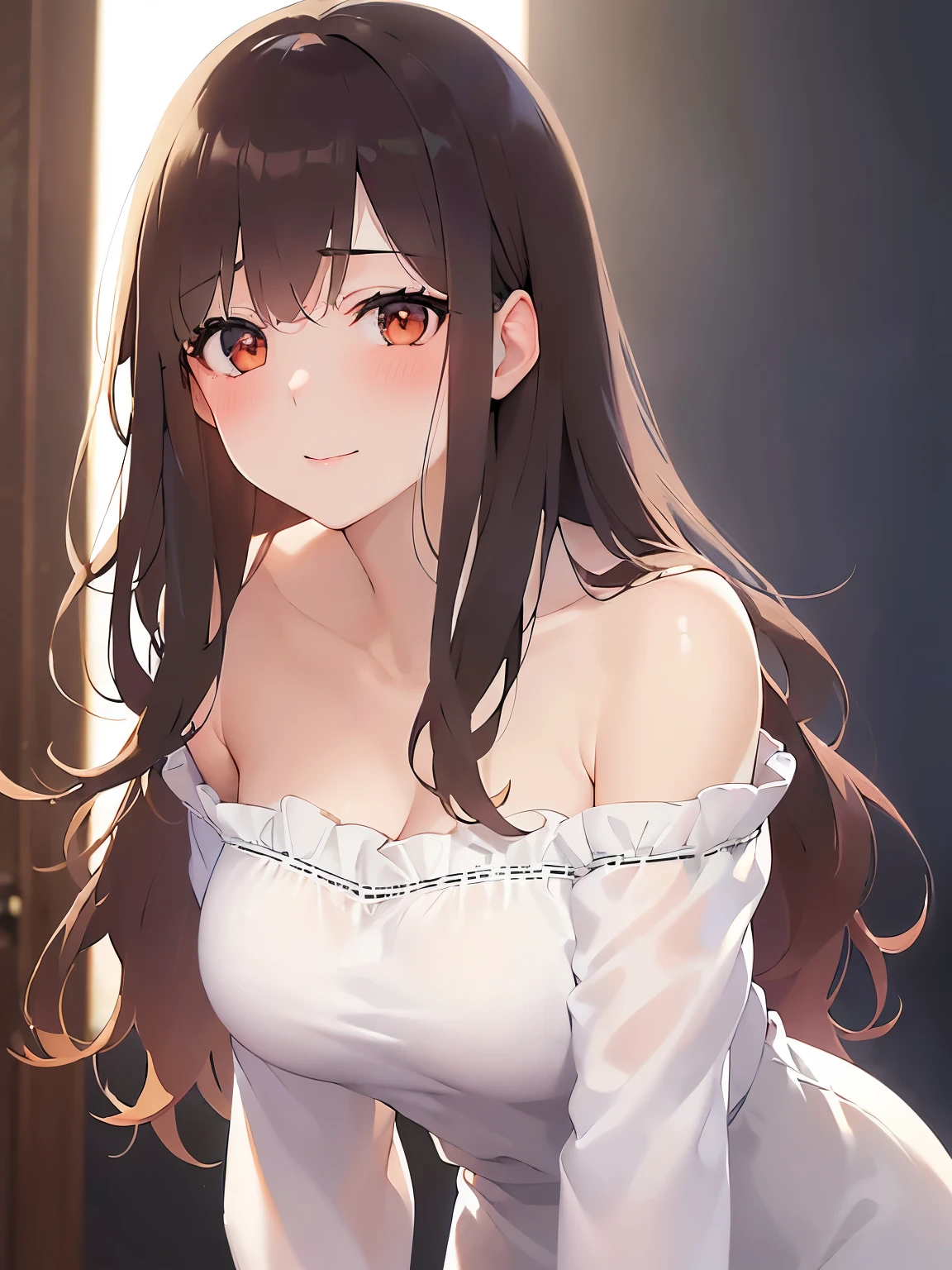 (leaning forward:1.3)、Upper Body, Realistic, real person, (pale skin: 1.2), RAW photo, photorealistic, shiny skin, shiny hair、(A 25-year-old woman with medium-length hair and bangs) and (wavy hair) and (brown hair) and (orange eyes) , (white) and (off shoulder blouse) 、(blush:1.5), smile, Background is white、Alone、Are standing