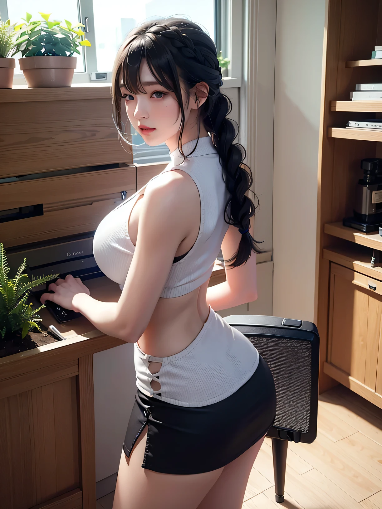 masterpiece, ultra-detailed hair, better lights, better shadows,1girl, yukino, breasts, skirt, silver hair, solo, long hair, large breasts, blue eyes, braid, ass, looking at viewer, braided ponytail, hair ornament, sleeveless, hair flower, black skirt, shirt, indoors, flower, looking back, bangs, bare shoulders, pencil skirt, from behind, window, thighs, mole under eye, sleeveless shirt, pink shirt, blush, bare arms, office lady, very long hair, plant, contemporary, parted lips, miniskirt, single braid, closed mouth, purple flower, pantylines, ribbed shirt,