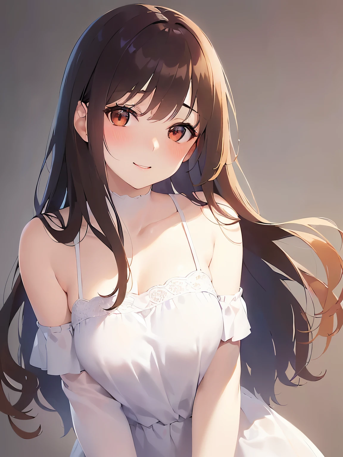 (leaning forward:1.3)、Upper Body, Realistic, real person, (pale skin: 1.2), RAW photo, photorealistic, shiny skin, shiny hair、(A 25-year-old woman with medium-length hair and bangs) and (wavy hair) and (brown hair) and (orange eyes) , (white) and (off shoulder blouse) 、(blush:1.5), smile, Background is white、Alone、Are standing