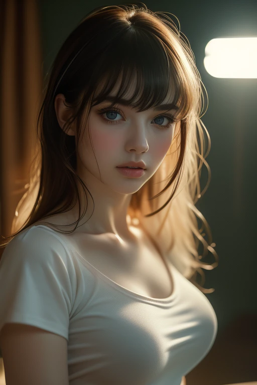 (((ultra realistic))) Photo, masterpiece, top quality, (pale skin), (ultra detailed face and eyes:1.3), 1 girl, adult, in a T-shirt, (Eye makeup, mascara) , ((large detailed lips)), ((ash wavy hair)), ((Bangs)) , (natural breasts), thin waist. ((posing)), photoshoot, Studio (soft lighting), (The play of light and shadows), depth of field, hips, (special attention to leather details: 1.2), detailed skin texture, skin pores. (Airy atmosphere of the frame. The color scheme is delicate., Bright, WHITE, Pink tones), DR, ((granularity)), ((rays)), ((Bright солнечный свет)), ((waist-length portrait, close to the camera)) , Ultra detailed,