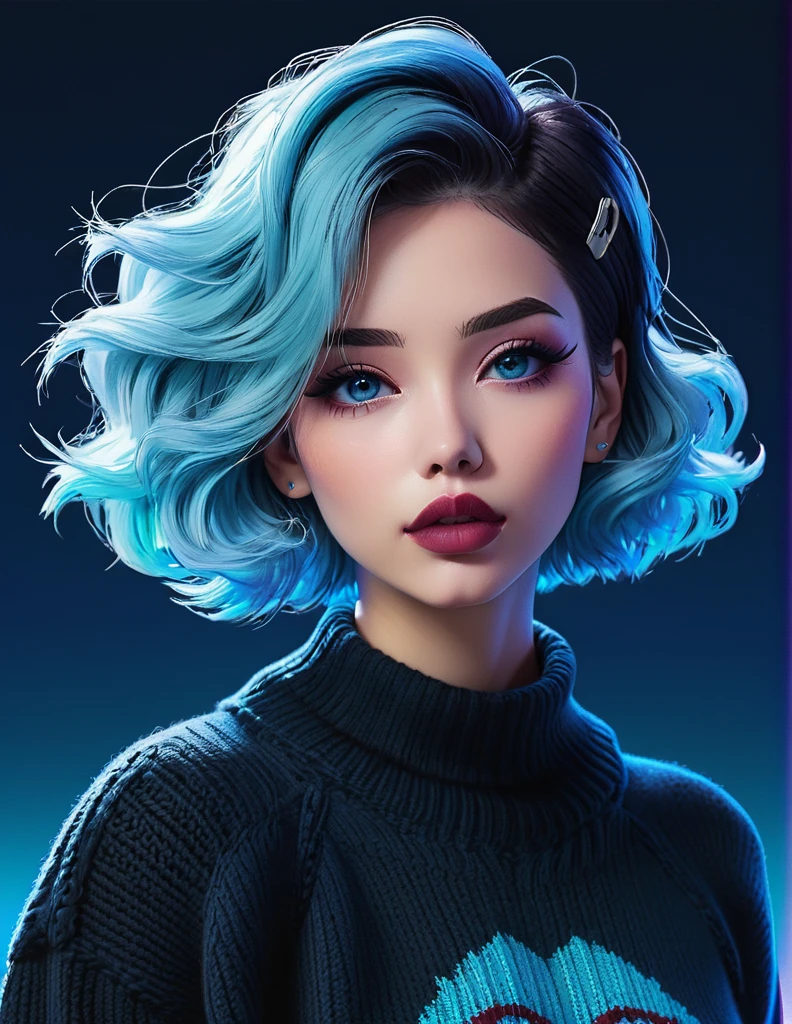 (best quality, sketch:1.2),realistic,illustrator,anime,1 girl, detailed lips,sweater,custom,blue gradient background,neon hair,textured cropping,Canadian, masterpiece, style retro classic, noir dark