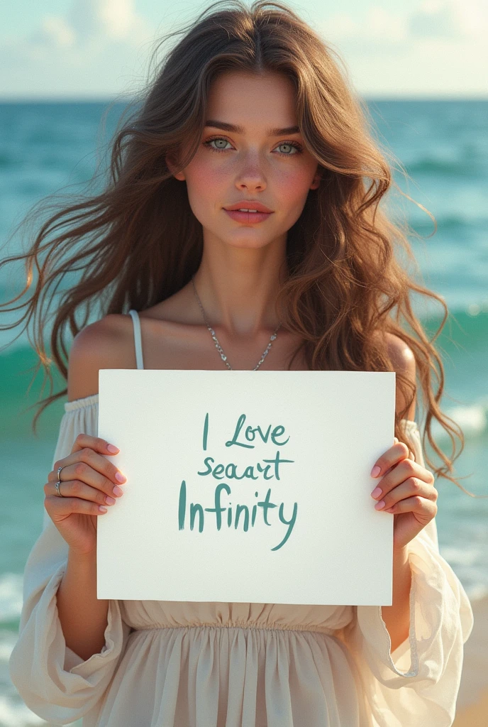 Beautiful girl with wavy long hair, bohemian dress, holding a white board with text "I Love Seaart Infinity" and showing it to the viewer