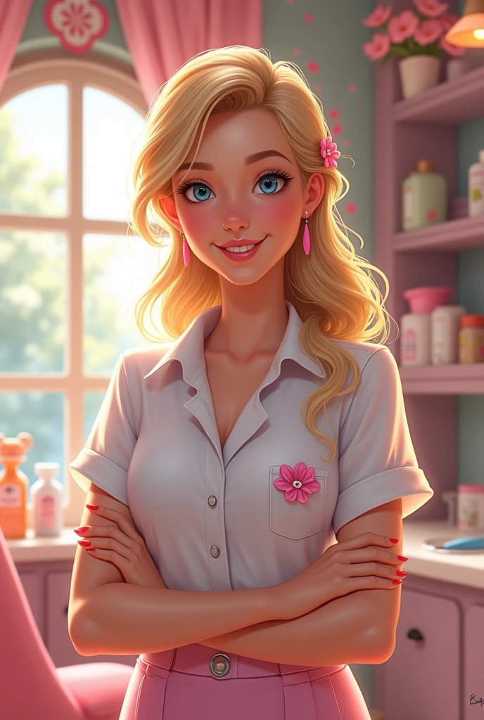 A blonde woman with blue eyes,length hair, work clothes as a beautician, Disney art.