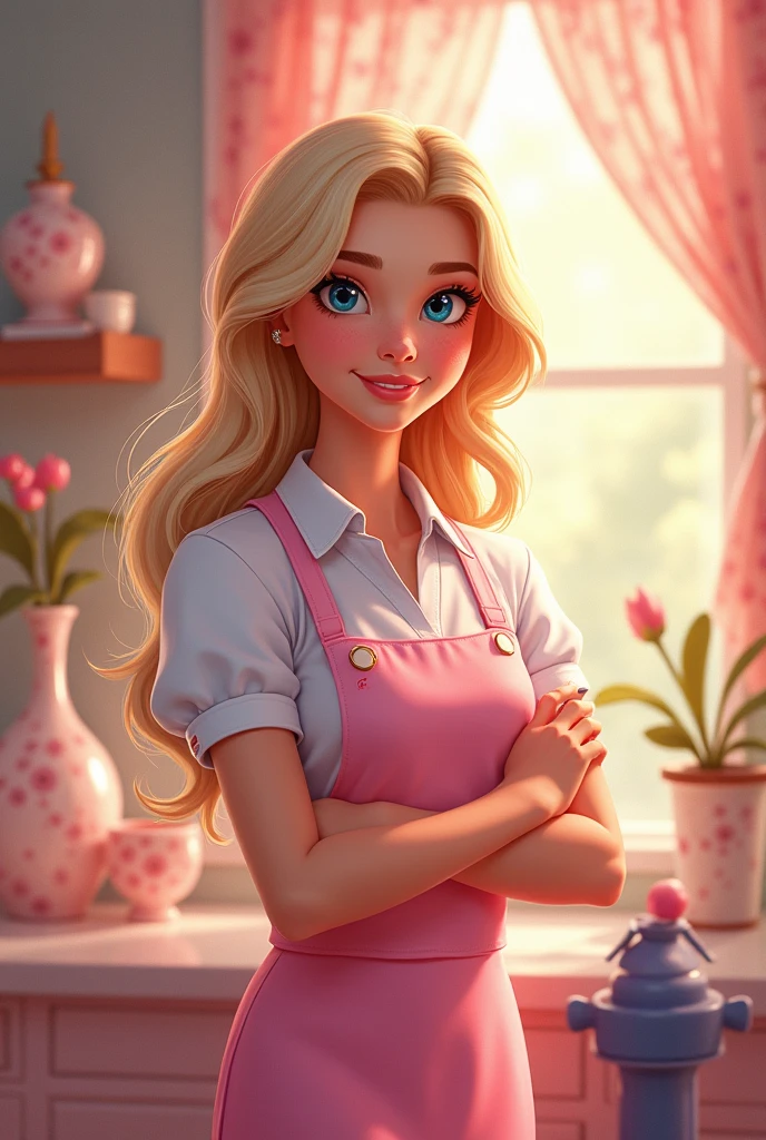A blonde woman with blue eyes,length hair, work clothes as a beautician, Disney art.