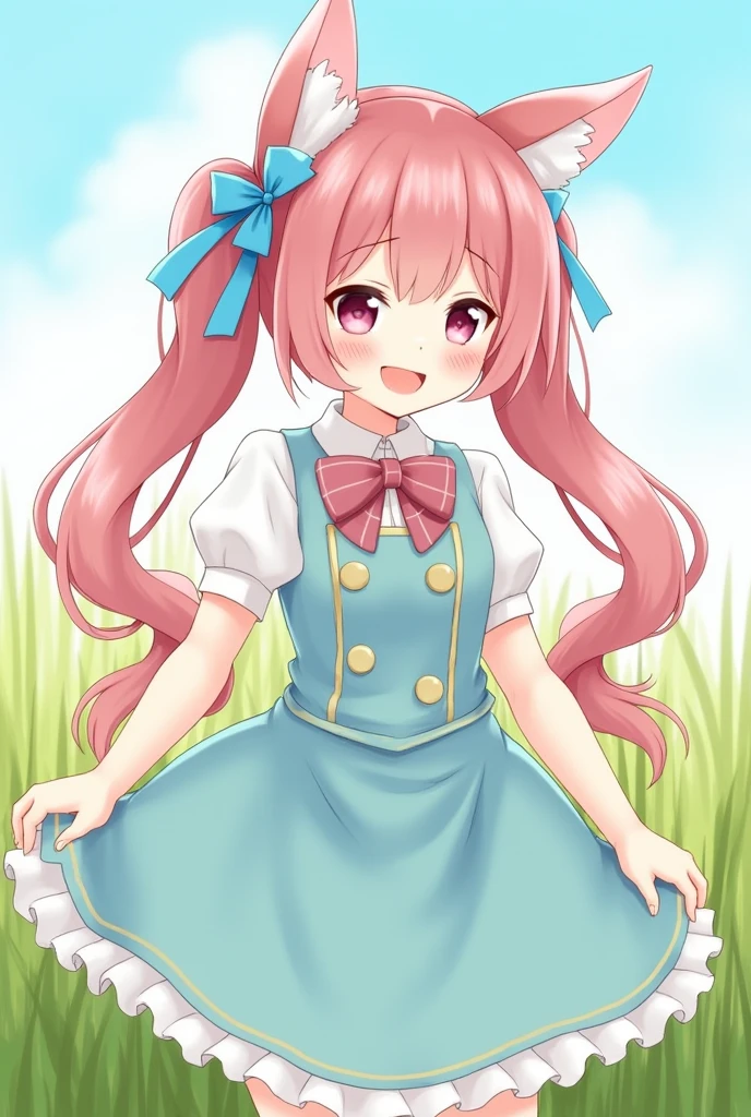 Women cute Long Hair Twintails Ribbon on head Animal Ears Anime Style
Lolita dress The background is a grassland Her hair color is pink. Pannier included. Clothing color is light blue. Fluffy skirt