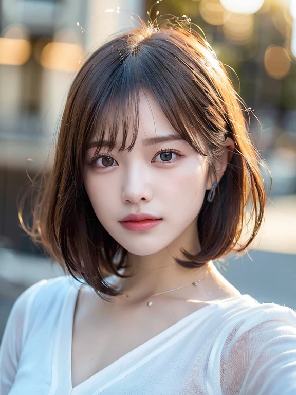 (Highest quality, 8k,32k, Masseter muscle area, Hmph:1.2), (close-up:1.2), (front face and body), solo girl, (Slim figure:1.2), (Lips), double eyelid, Glowing Skin, Realistic Layer, Beautiful face, Highly detailed face, (Disgruntled), (short hair:1.4),(realistic, photo-realistic:1.4), (extremely detailed 8k wallpaper), Fantasy art, Professional lighting, (Illuminate half of the model's face, creating dramatic chiaroscro effects:1.4), (blue Hour Light, backlighting:1.4), (White formal shirt:1.4), (at sunset:1.4), Blurred Background, (Front Focus), (dark:1.6)