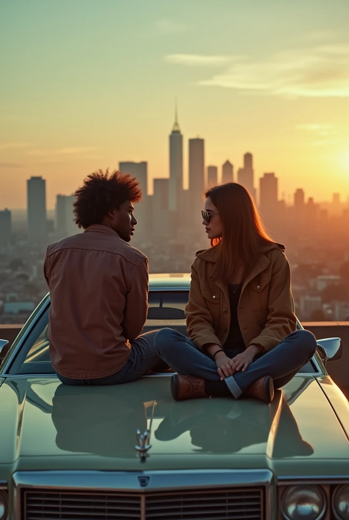 A couple of friends from the 90s sitting on the hood of a vintage car., Sharing stories, with the city skyline in the background, Inspired by the works of Jean-Michel Basquiat and Edward Hopper, cinematographic composition.