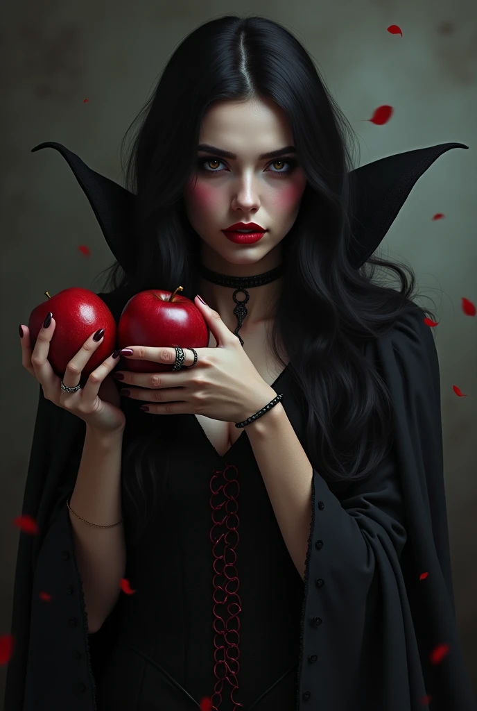 Girl,Black long hair，Black Queen，accessories，Apple in hand，Poison apples，Witch Queen，Red lipstick