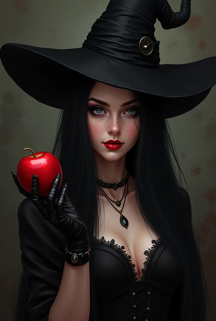 Girl,Black long hair,Black Queen,accessories,Apple in hand,Poison apples,Witch Queen,Red lipstick