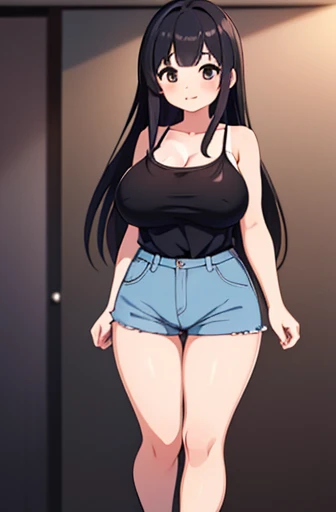 (((high quality, High resolution, Finer details))),Japanese women, face,Iris,Brown eyes,iris,Black Hair,bangs,Long hair down the back,,Straight hair,Soft lips,Fat muscle,(Big Breasts),plump belly,A little bigger ass,camisole,Shorts,((Standing in front of the camera)),(Full body view),(Front view).erect under cloths.