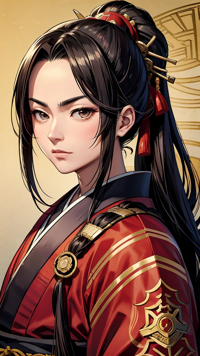 Famous Sengoku Warlords、Traditional Japanese portrait of Oda Nobunaga。With a stern look、He is depicted wearing formal armour.。In classical Japanese style、Create a historical atmosphere。Her hair is tied up、Forehead showing。Making an AI of Oda Nobunaga, who we saw in school textbooks