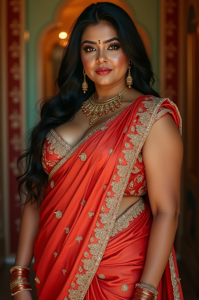 a woman in a sari posing for a picture, Bollywood goddess, traditional beauty, beautiful goddess, ornate cosplay, super model, beautiful maiden, gorgeous woman, provocative gorgeous beautiful woman, intricate outfit, hindu aesthetic, beautiful girl, extremely detailed goddess shot, jaw-dropping beauty, gorgeous face eyes nose lips body, big deep cleavage sexy navel big hips, chubby girl, uhd 8K highest resolution highest quality, shiny skin, highly detailed, hyper realistic, thick girl, plus size model