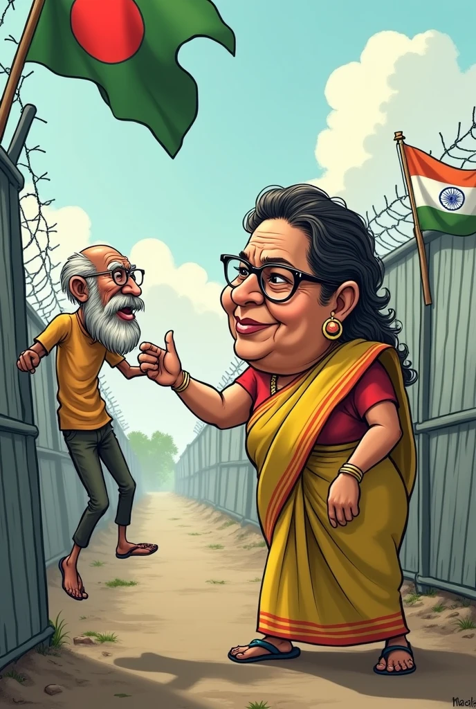 Mamta benergee in at bangladesh boarder wearing white saree and remove the bar hanging rope taken the bangladeshi man hanging over the fencing wire and show her hand to bangaladeshi man with big beard hand grab him over the fencing with mercy hand given him into the Indian boarder funny image cartoon character
This is the good image you provide more image provide please the man hanging from outer side please show fatty Mamta benergee
Look like a pure Mamta benergee face provide please shown indian and bangladeshi flag over the fencing yes same we need same charector of mamta bangaladeshi old man show outer side from the fencing