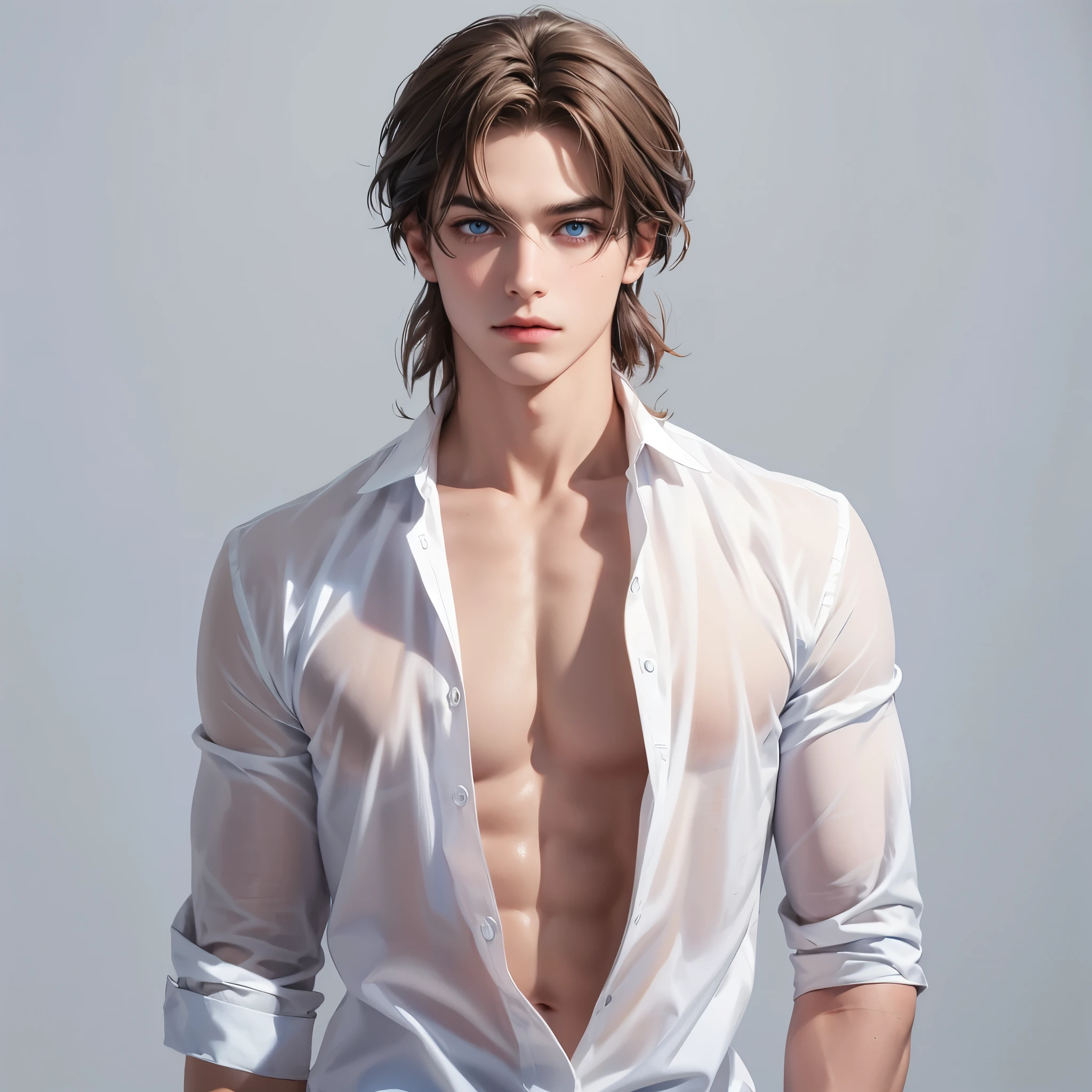 (Short brown shoulder-length hair:1.3) , blue eyes, male, black background, High Detail,Slicked-back hairstyle,No bangs
