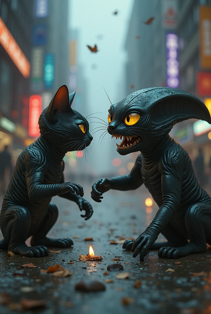 Alien cats eating humans in the city