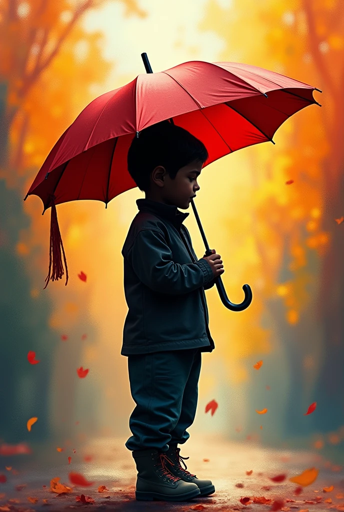 A little boy holding an umbrella,the background is a colorful,The boy's body is black