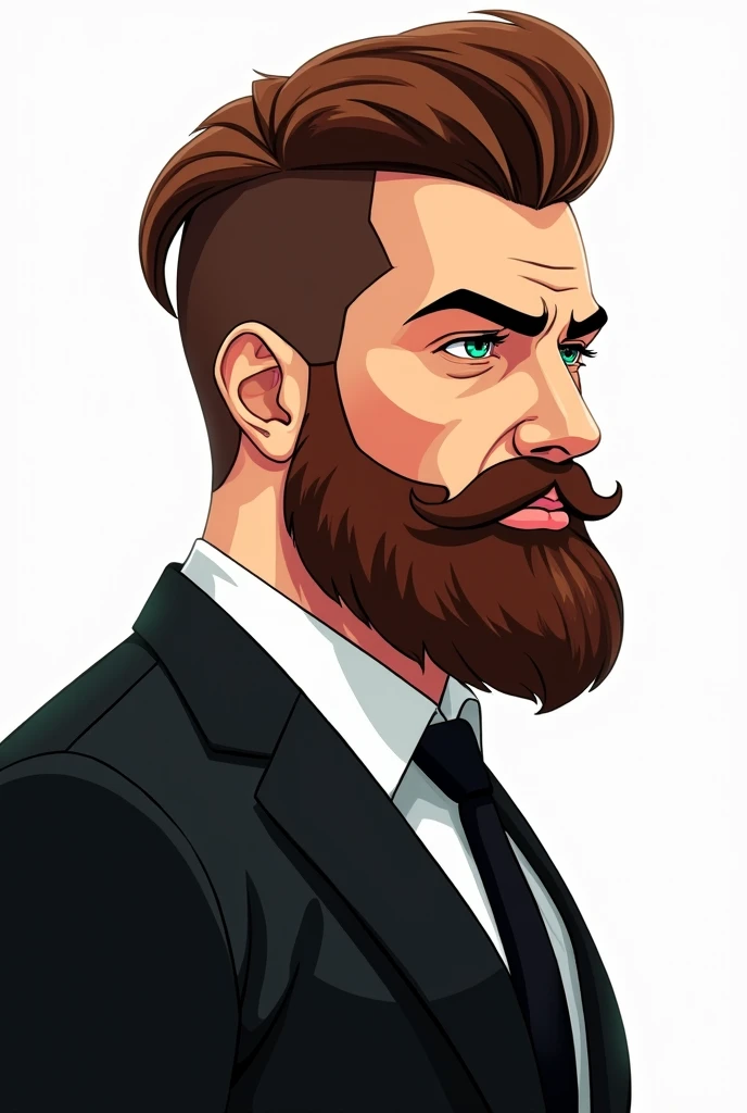 The image shows a stylized illustration of a man with brown, hair and a full beard that matches the hair color. His facial features are sharp and angular, giving him a strong and striking appearance. The man is dressed in a formal black suit, white shirt, and black tie, giving him a professional look. The suit contrasts with his vibrant hair and beard. The background of the image is transparent, allowing the character to stand out.. The overall style of the illustration is modern and dynamic, with a focus on bold colors and strong contrasts. he is turned to the side and looking completely to the side his eyes are bright greenish blue, make his hair slick back