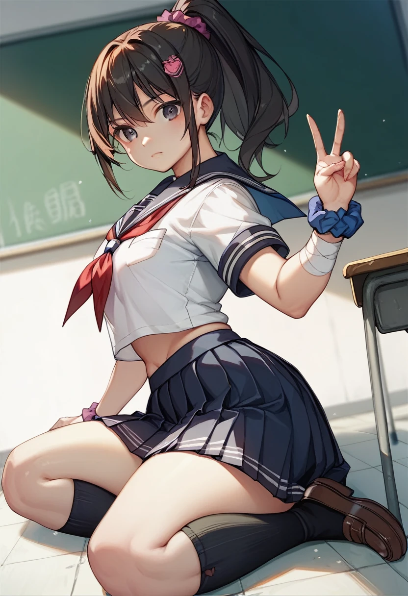 throw、(arched back:1.4)、(High Ponytail:1.3)、(school uniform, Short sleeve:1.5)、mini skirt、(hair ornaments:1.2)、(Wrap a scrunchie around your left wrist:1.2)、(Black knee-high socks:1.5)、Browsing Caution、Clear Eyes、8k、10 year old student、Best image quality、masterpiece、Perfect Anatomy、Kogal、Plump thighs、peace sign、Bitch、School、Absolute area、