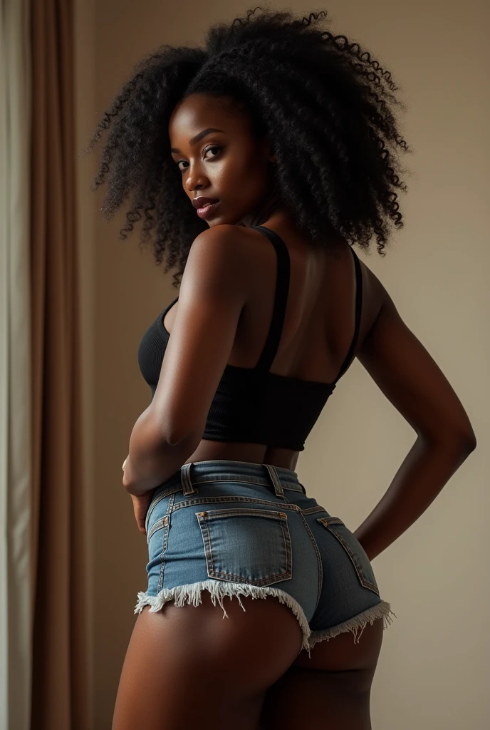 A black beautiful curvy woman putting on jean shorts and top
