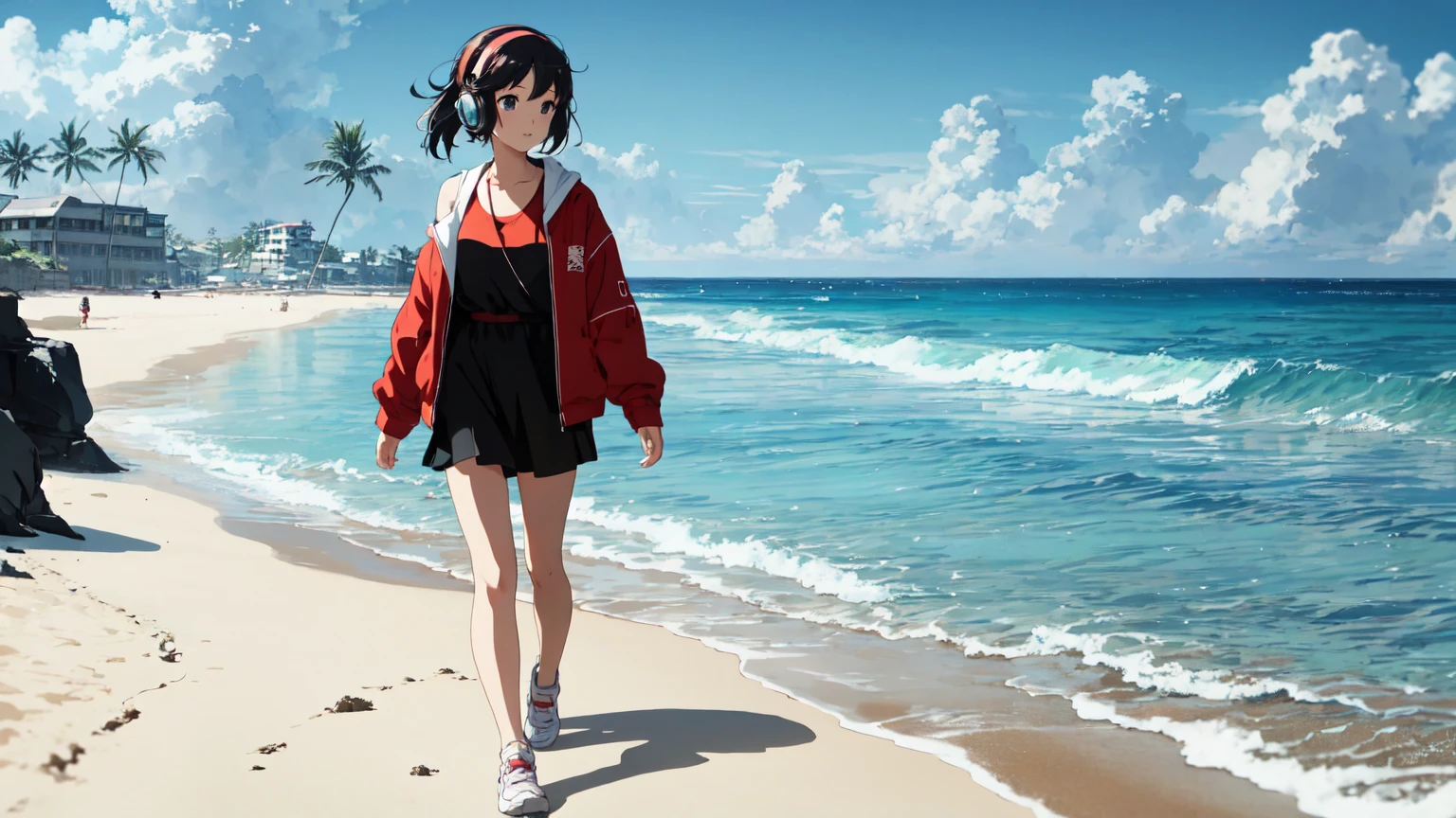 masterpiece、high resolution 8k、NSFW、sharp focus, anime girl wear headphone, walking on the beach with a red jacket, anime full body illustration, standing at the beach, kantai collection style, high quality anime artstyle, dressed with long fluent clothes, anime visual of a cute girl, cute girl wearing tank suit, anime girl walking on water, standing near the beach, full body portrait of a short!, at a beach